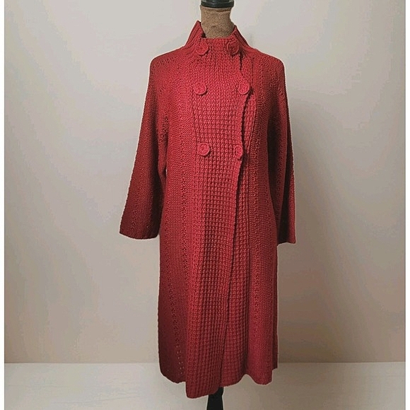 Vintage Kikit Sweater Cardigan Size M Mid Length Snap Front Mock Neck Red Women - Picture 1 of 7
